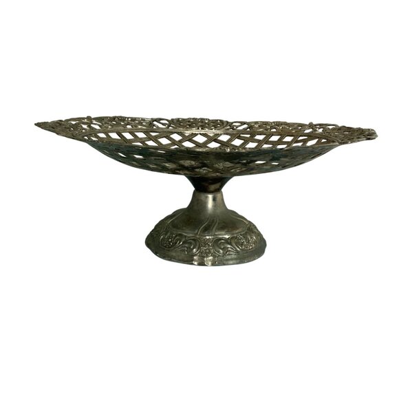 Vintage Silver Toned Lattice Compote Pedestal Bowl With Floral & Scroll Detail - Picture 4 of 8
